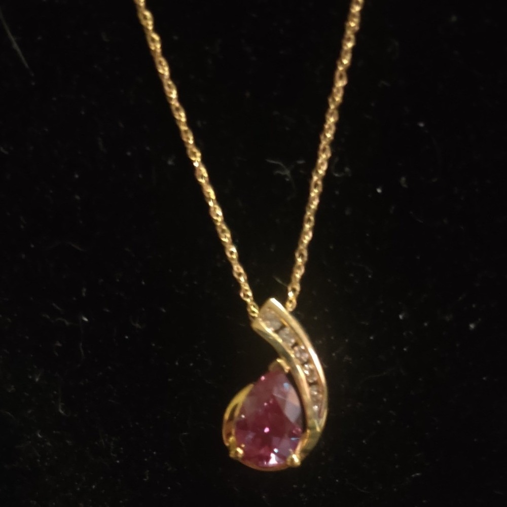 10k Yellow Gold Pear Amethyst and Diamond Swirl Necklace